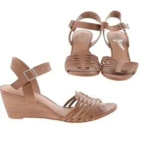 Susina Terra Leather Strappy Tan Wedge |Cognac Ankle Strap Sandals Size 8.5